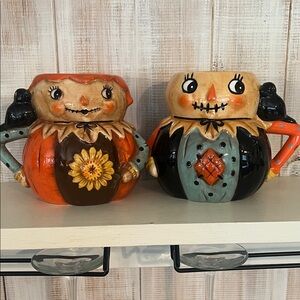 Scarecrow Mugs with Crow Detail Vintage Fall Halloween Decoration Set